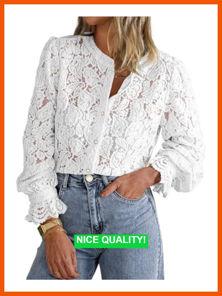 Lace Blouse Long Sleeve Button Up Shirt Dressy Casual Tops